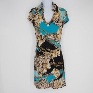 Vintage Cache Baroque Chain Print Dress Turquoise Black Gold V-Neck Collared XS
